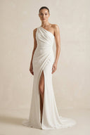 One - Shoulder Satin Mermaid Ruched Wedding Dress With Slit in Ivory - SHE IS ME Wedding Dresses