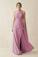 One - Shoulder Sheath Chiffon Bridesmaid Dress with Ribbon in Vintage Mauve - SHE IS ME Bridesmaid Dresses
