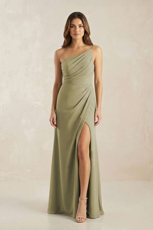 One - Shoulder Sheath Chiffon Ruched Bridesmaid Dress in Thyme - SHE IS ME Bridesmaid Dresses