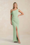 One - Shoulder Sheath Ruched Bridesmaid Dress With Slit in Sage - SHE IS ME Bridesmaid Dresses