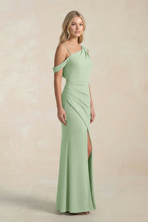 One - Shoulder Sheath Ruched Bridesmaid Dress With Slit in Sage - SHE IS ME Bridesmaid Dresses
