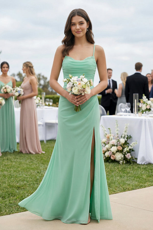 Cami Strap Sheath Chiffon Bridesmaid Dress with Slit in Pale Pistachio - SHE IS ME BRIDESMAID DRESSES