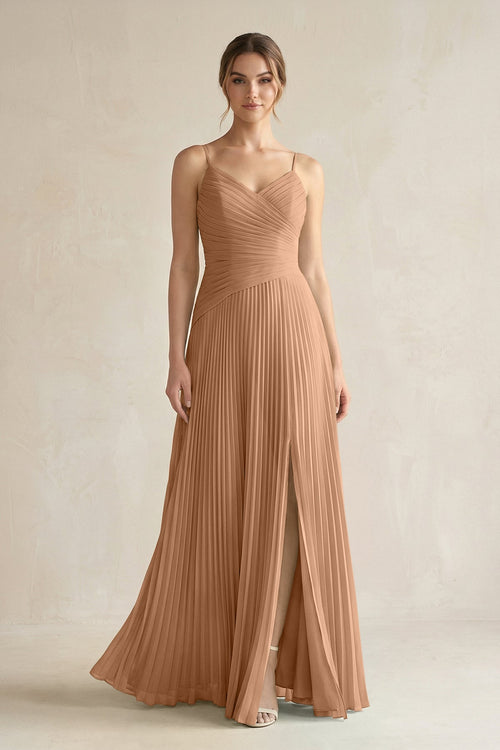 Pleated A-Line Long Chiffon Bridesmaid Dress in Bronzer