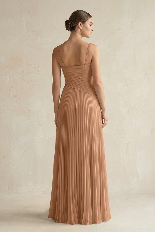 Pleated A-Line Long Chiffon Bridesmaid Dress in Bronzer