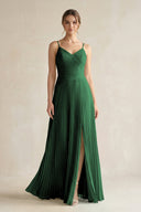 Pleated A-Line Long Chiffon Bridesmaid Dress in Dark Green