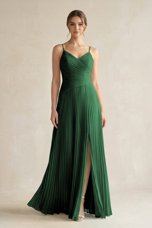 Pleated A-Line Long Chiffon Bridesmaid Dress in Dark Green
