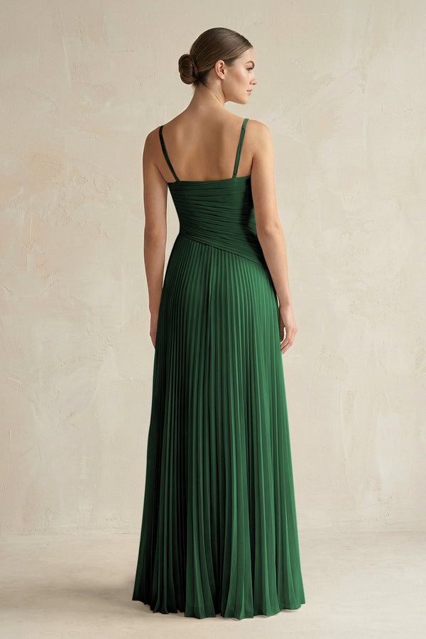 Pleated A-Line Long Chiffon Bridesmaid Dress in Dark Green