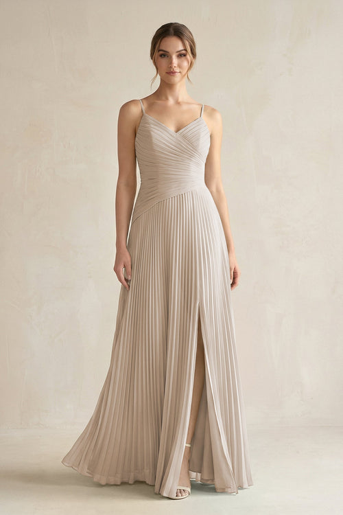 Pleated A-Line Long Chiffon Bridesmaid Dress in Frost
