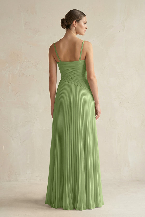 Pleated A-Line Long Chiffon Bridesmaid Dress in Matcha