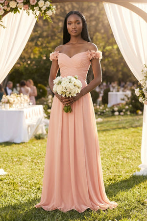 Pleated Off - the - Shoulder A - Line Chiffon Bridesmaid Dress in English Rose - SHE IS ME Bridesmaid Dresses