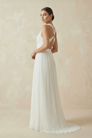 Pleated Open Back Halter A - Line Wedding Dress - SHE IS ME Wedding Dresses