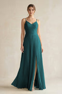 Pleated A-Line Long Chiffon Bridesmaid Dress in Pine