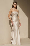 Pleated Satin Maxi Dress with Bowknot in Champagne - SHE IS ME