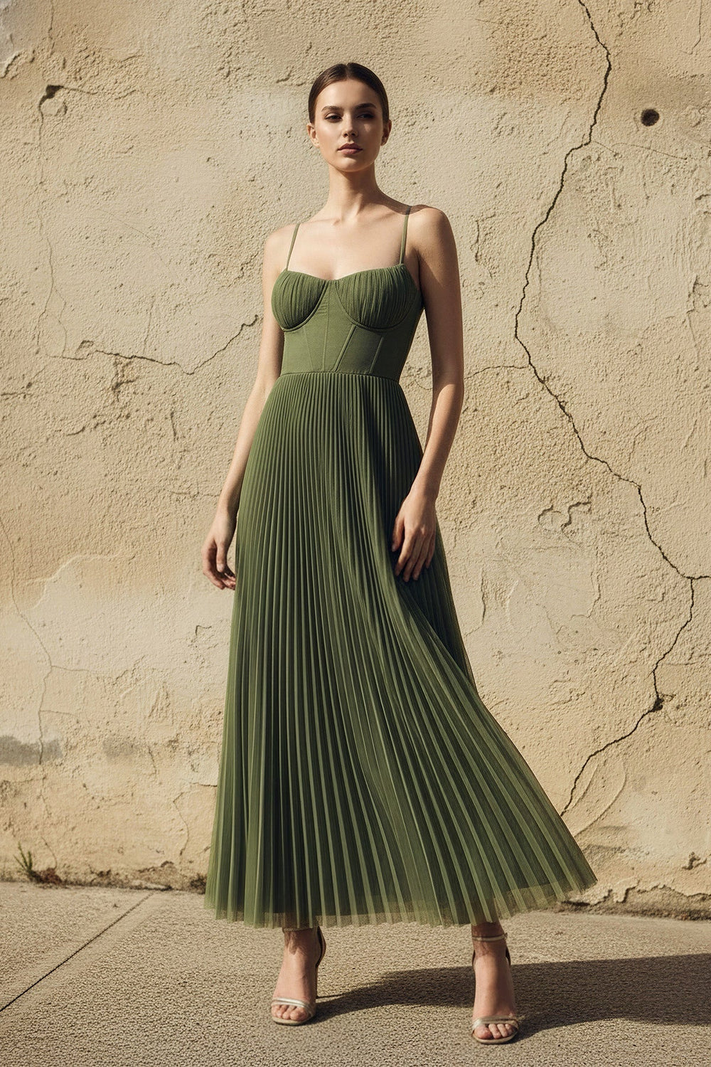Pleated Spaghetti Straps Corset Maxi Dress in Olive - SHE IS ME