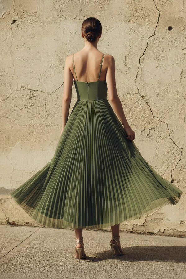 Pleated Spaghetti Straps Corset Maxi Dress in Olive - SHE IS ME