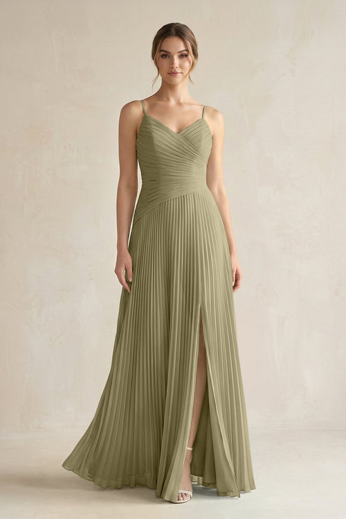 Pleated A-Line Long Chiffon Bridesmaid Dress in Thyme