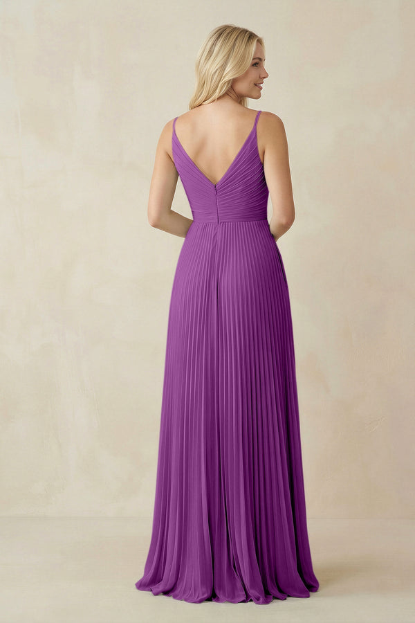 Pleated V - Neck A - Line Chiffon Bridesmaid Dress in Amethyst - SHE IS ME Bridesmaid Dresses