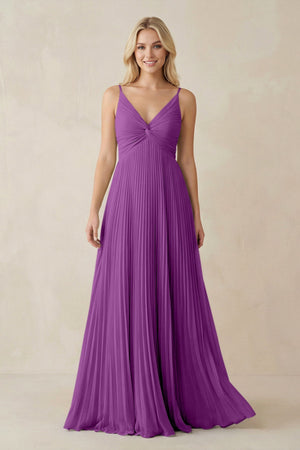 Pleated V - Neck A - Line Chiffon Bridesmaid Dress in Amethyst - SHE IS ME Bridesmaid Dresses