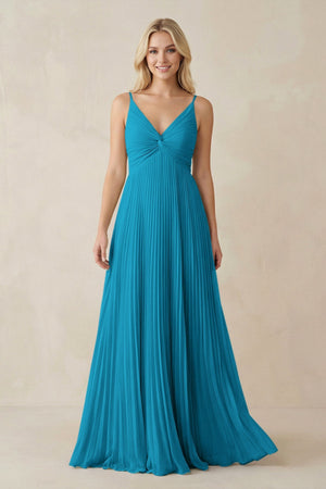 Pleated V - Neck A - Line Chiffon Bridesmaid Dress in Blue Jay - SHE IS ME Bridesmaid Dresses
