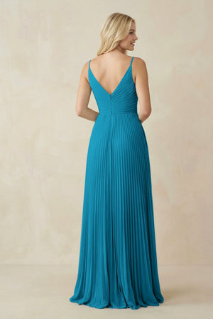 Pleated V - Neck A - Line Chiffon Bridesmaid Dress in Blue Jay - SHE IS ME Bridesmaid Dresses