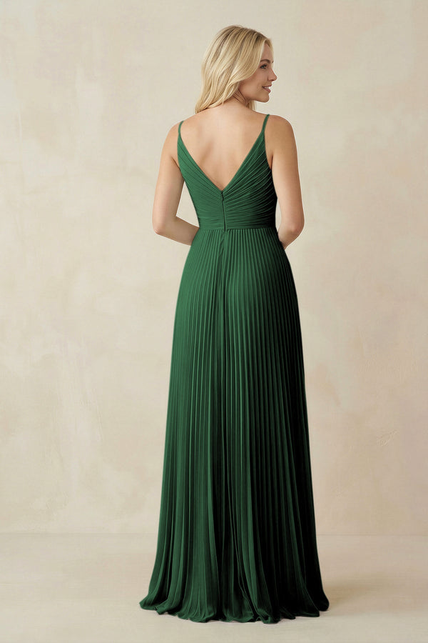 Pleated V - Neck A - Line Chiffon Bridesmaid Dress in Dark Green - SHE IS ME Bridesmaid Dresses