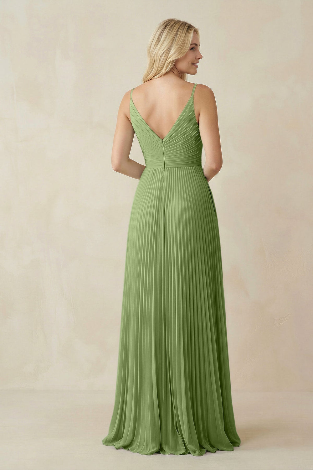 Pleated V - Neck A - Line Chiffon Bridesmaid Dress in Matcha - SHE IS ME Bridesmaid Dresses