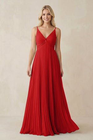 Pleated V - Neck A - Line Chiffon Bridesmaid Dress in Ruby Red - SHE IS ME Bridesmaid Dresses