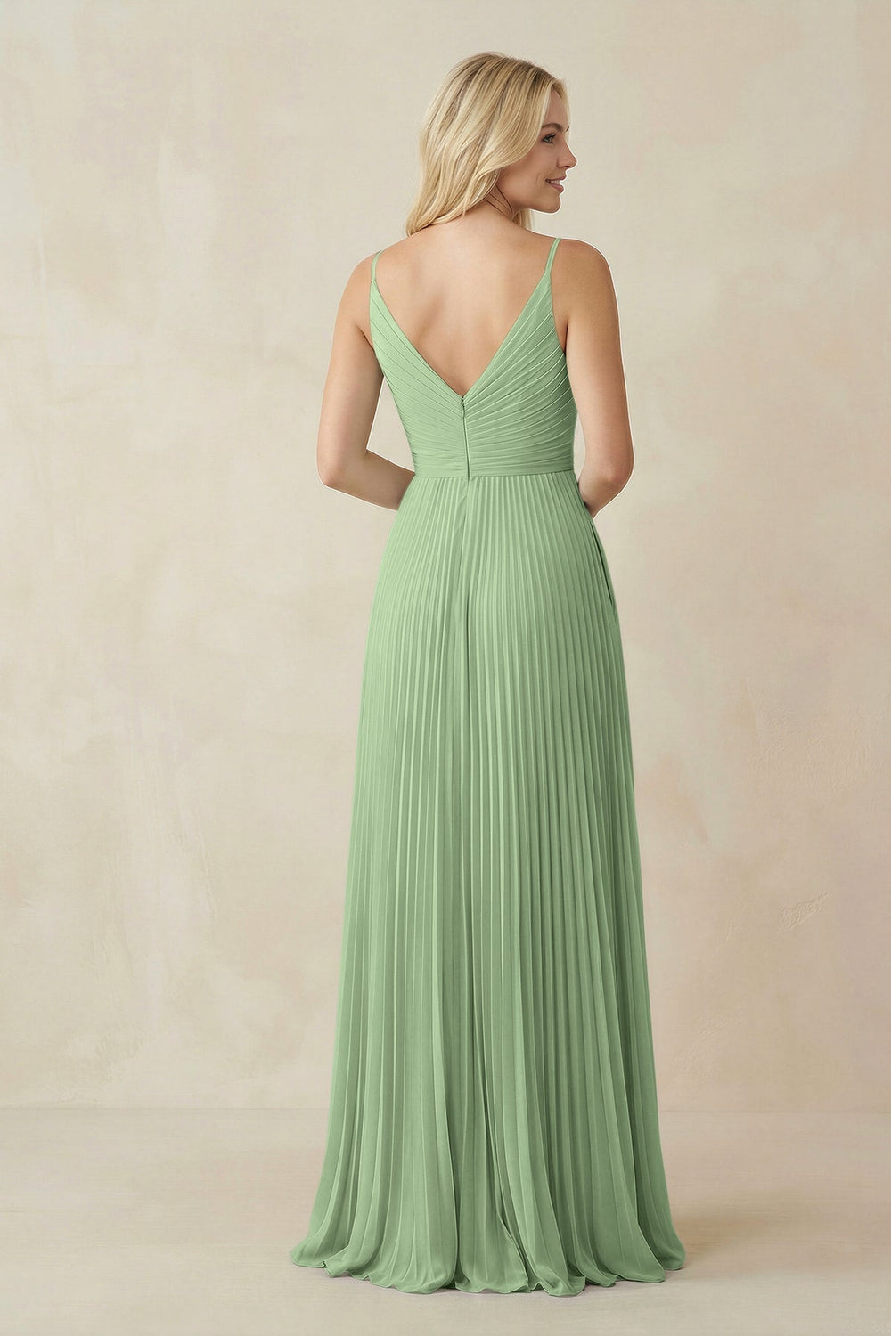 Pleated V - Neck A - Line Chiffon Bridesmaid Dress in Sage - SHE IS ME Bridesmaid Dresses