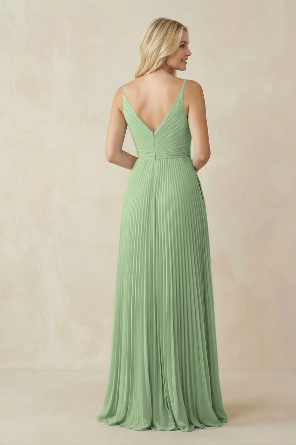 Pleated V - Neck A - Line Chiffon Bridesmaid Dress in Sage - SHE IS ME Bridesmaid Dresses