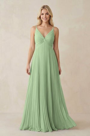 Pleated V - Neck A - Line Chiffon Bridesmaid Dress in Sage - SHE IS ME Bridesmaid Dresses