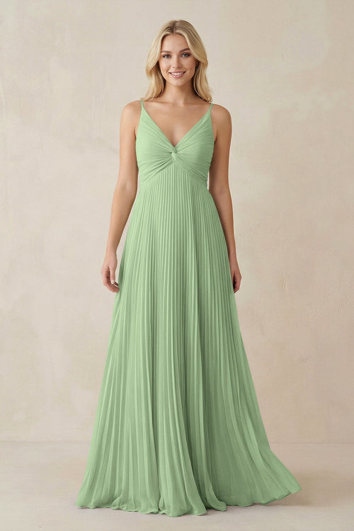 Pleated V - Neck A - Line Chiffon Bridesmaid Dress in Sage - SHE IS ME Bridesmaid Dresses