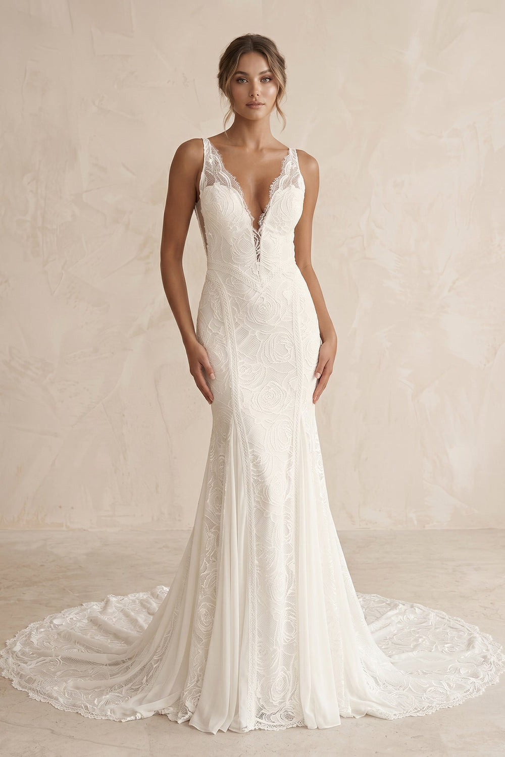 Plunging Lace Mermaid Ruched Wedding Dress in White - SHE IS ME Wedding Dresses