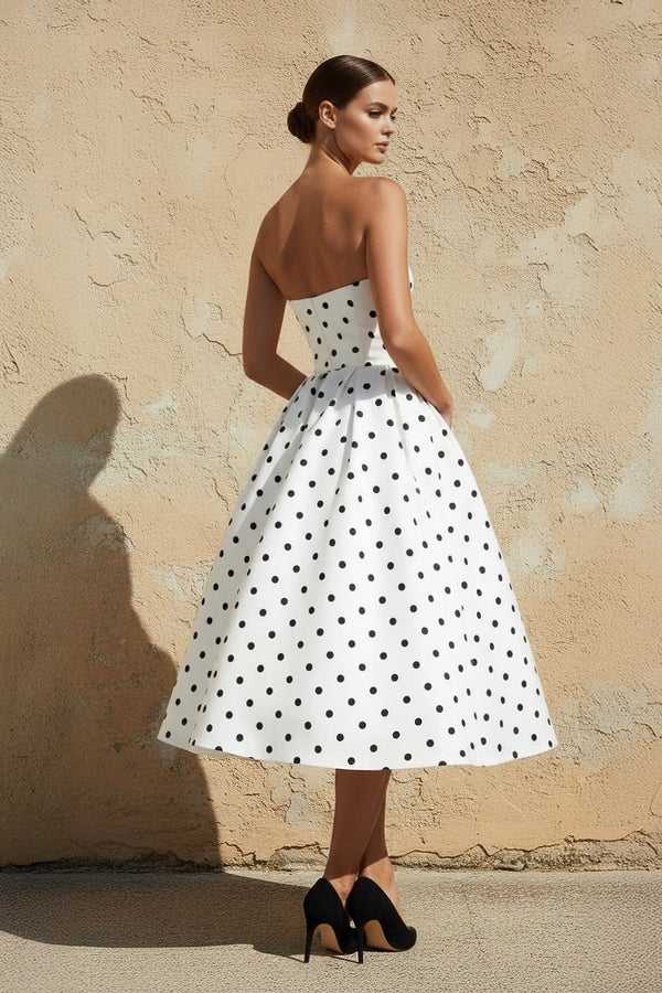 Polka Dot Strapless Midi Dress in White - SHE IS ME