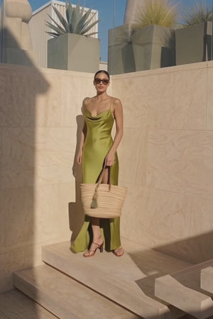 Spaghetti Straps Backless Maxi Dress With Slit in Olive