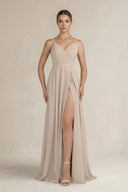 Ruched A - Line Chiffon Bridesmaid Dress with Slit in Almond - SHE IS ME Bridesmaid Dresses