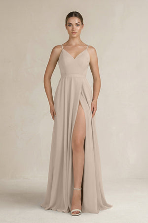 Ruched A - Line Chiffon Bridesmaid Dress with Slit in Almond - SHE IS ME Bridesmaid Dresses