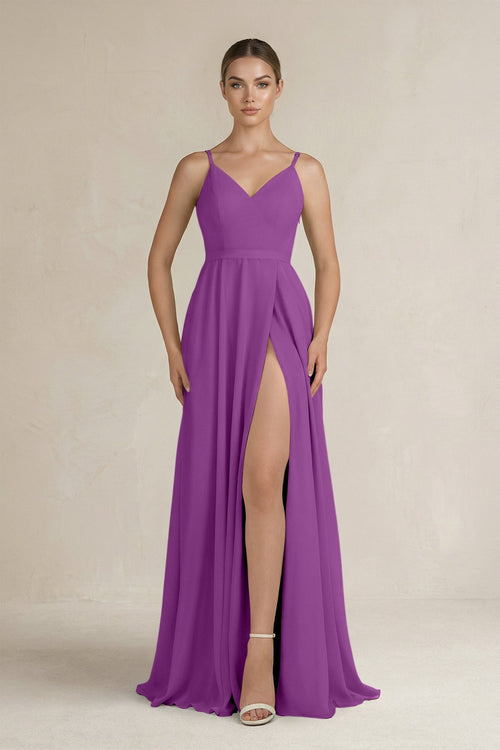 Ruched A - Line Chiffon Bridesmaid Dress with Slit in Amethyst - SHE IS ME Bridesmaid Dresses