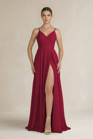 Ruched A - Line Chiffon Bridesmaid Dress with Slit in Berry - SHE IS ME Bridesmaid Dresses