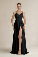 Ruched A - Line Chiffon Bridesmaid Dress with Slit in Black - SHE IS ME Bridesmaid Dresses