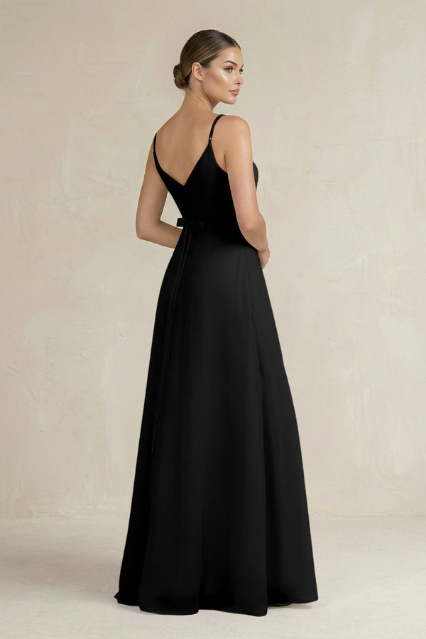 Ruched A - Line Chiffon Bridesmaid Dress with Slit in Black - SHE IS ME Bridesmaid Dresses