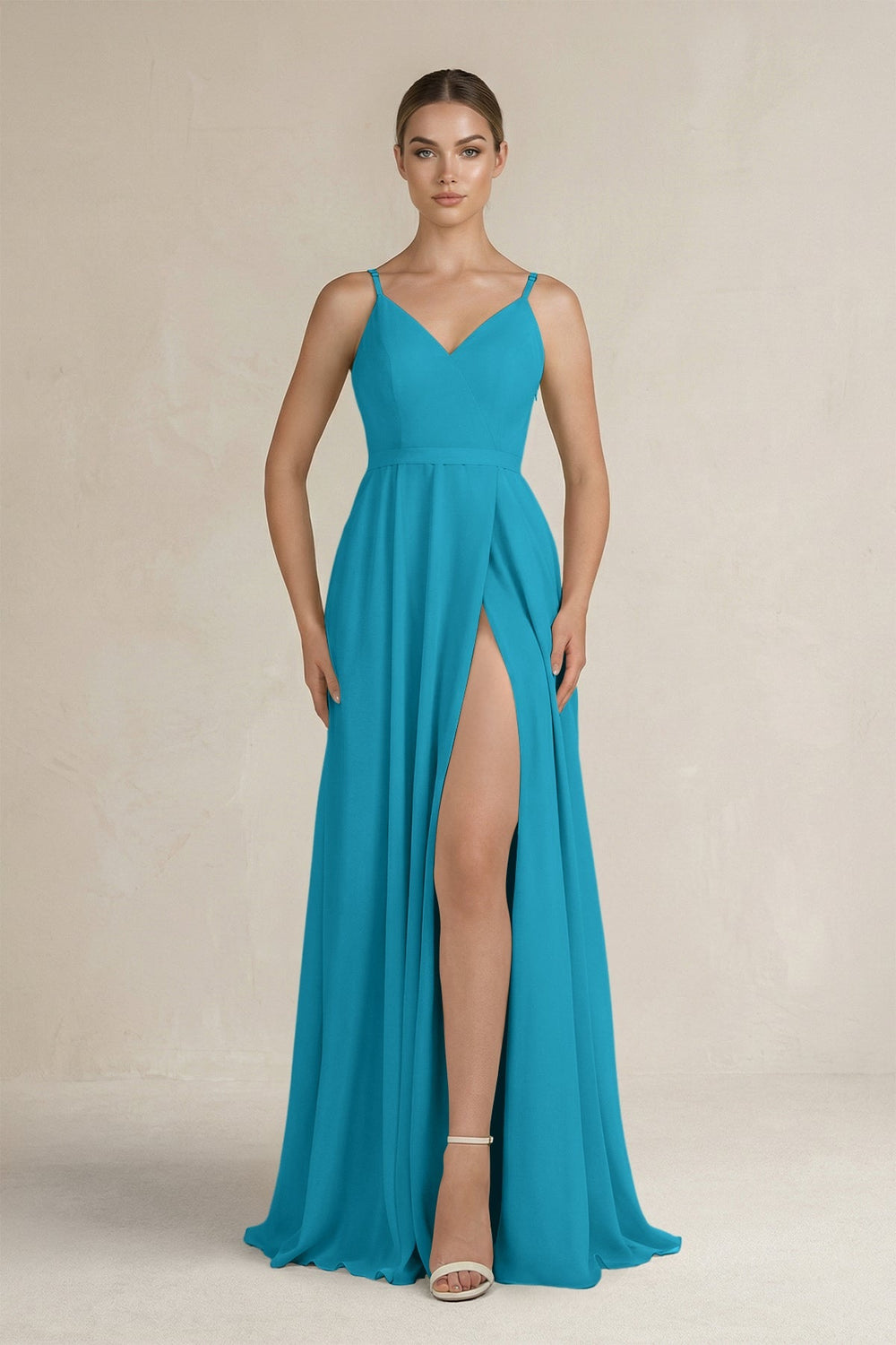 Ruched A - Line Chiffon Bridesmaid Dress with Slit in Blue Jay - SHE IS ME Bridesmaid Dresses
