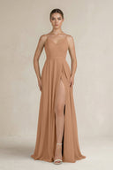 Ruched A - Line Chiffon Bridesmaid Dress with Slit in Bronzer - SHE IS ME Bridesmaid Dresses