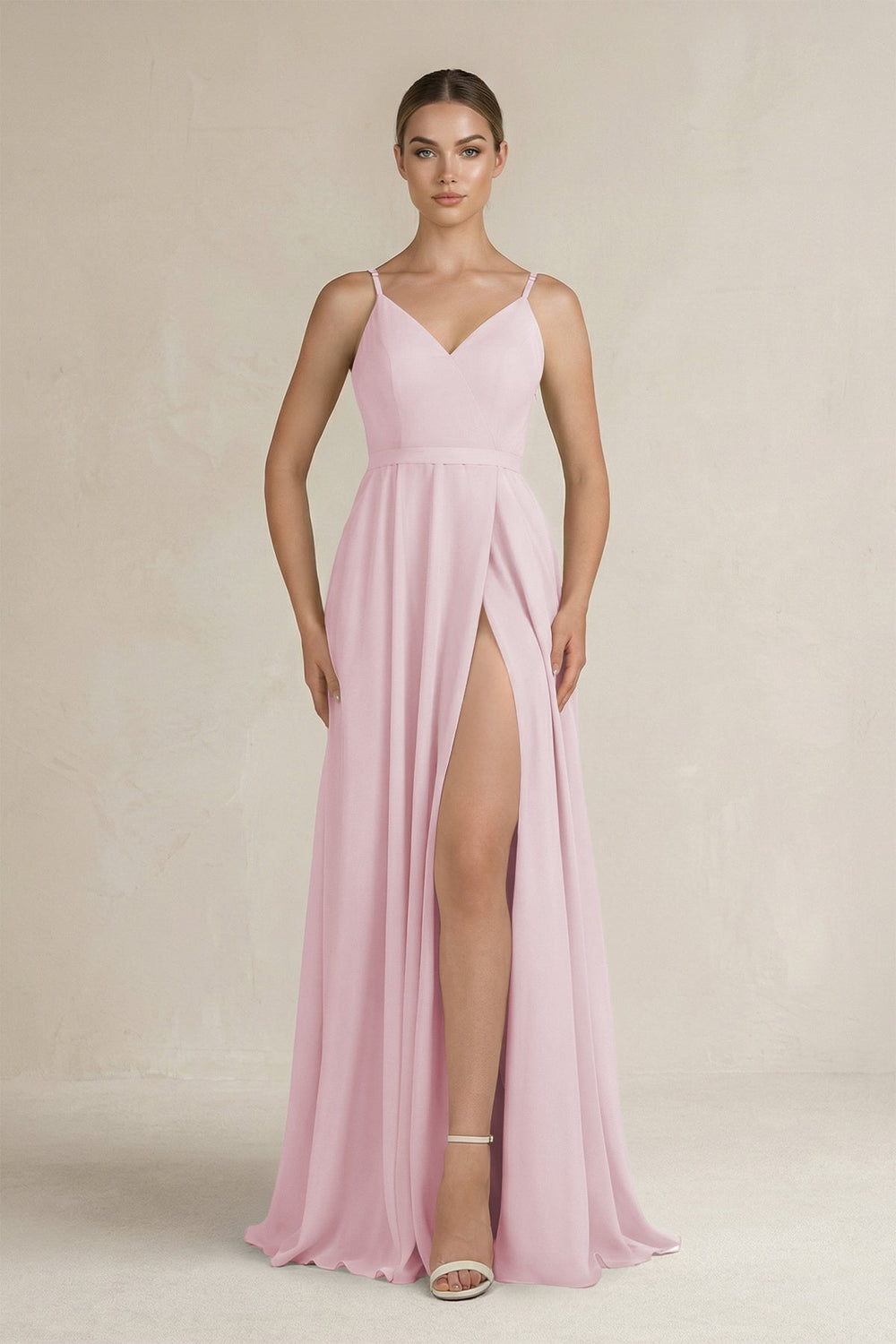 Ruched A - Line Chiffon Bridesmaid Dress with Slit in Candy Pink - SHE IS ME Bridesmaid Dresses