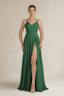 Ruched A - Line Chiffon Bridesmaid Dress with Slit in Dark Green - SHE IS ME Bridesmaid Dresses