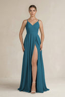 Ruched A - Line Chiffon Bridesmaid Dress with Slit in Dark Teal - SHE IS ME Bridesmaid Dresses