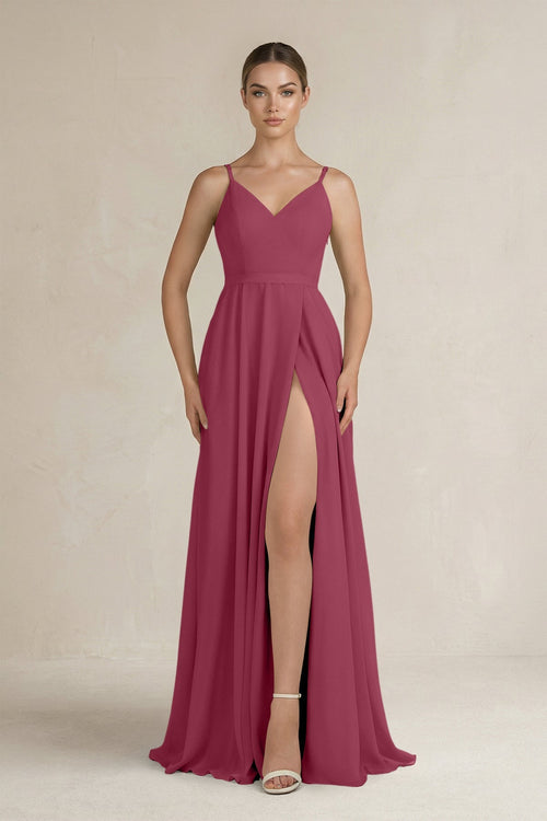 Ruched A - Line Chiffon Bridesmaid Dress with Slit in Desert Rose - SHE IS ME Bridesmaid Dresses