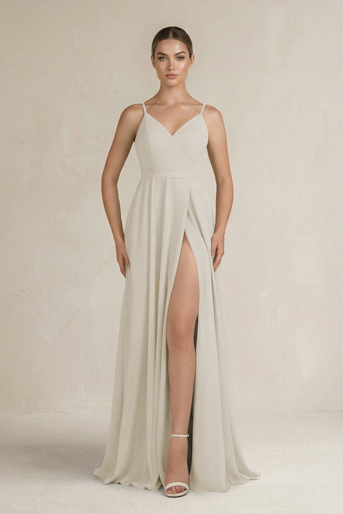 Ruched A - Line Chiffon Bridesmaid Dress with Slit in Dove Gray - SHE IS ME Bridesmaid Dresses