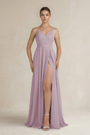 Ruched A - Line Chiffon Bridesmaid Dress with Slit in Dusk - SHE IS ME Bridesmaid Dresses