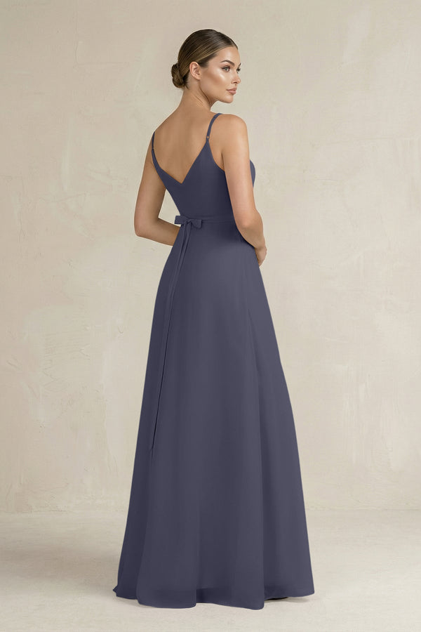 Ruched A - Line Chiffon Bridesmaid Dress with Slit in Dusk Blue - SHE IS ME Bridesmaid Dresses