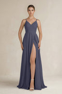 Ruched A - Line Chiffon Bridesmaid Dress with Slit in Dusk Blue - SHE IS ME Bridesmaid Dresses